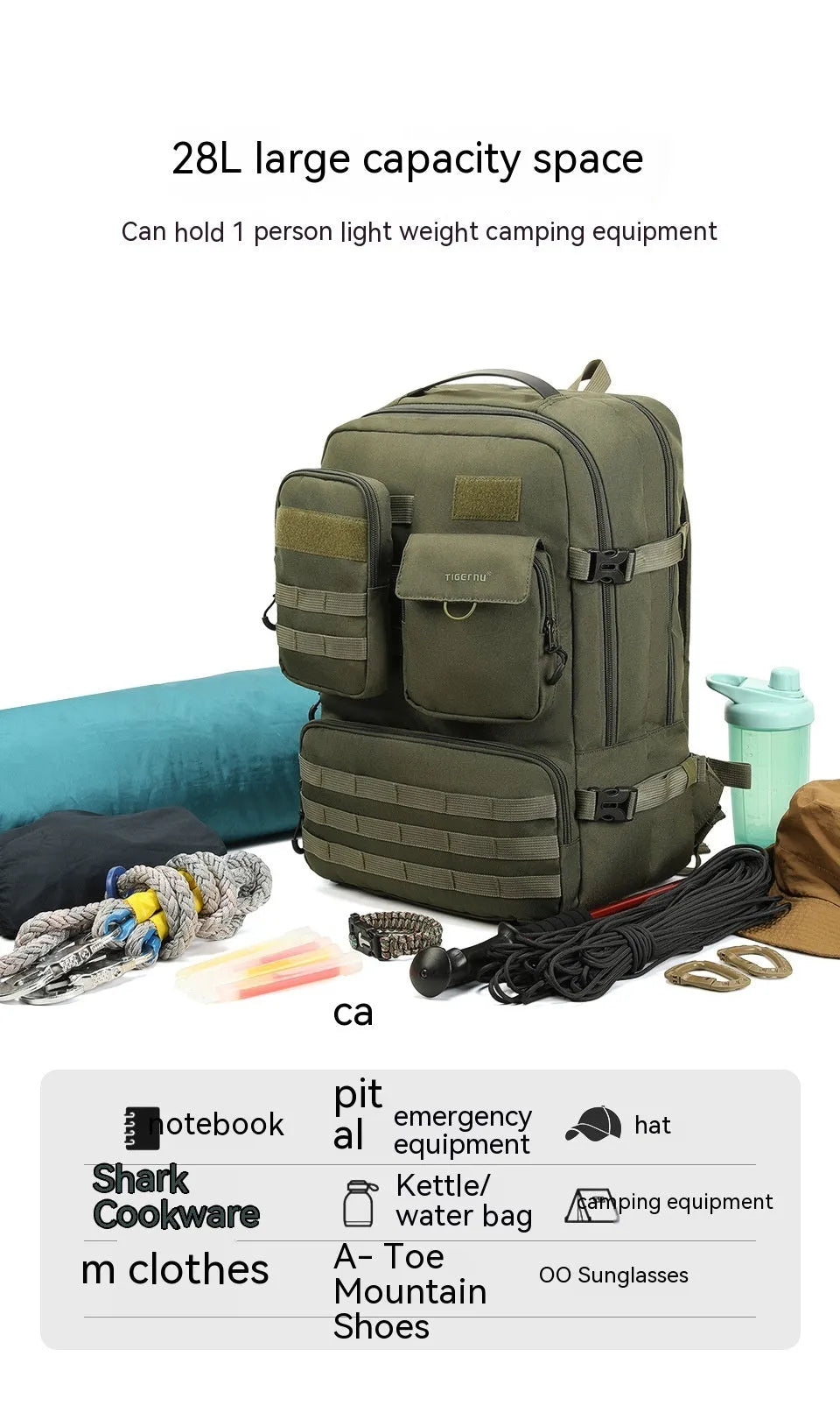 Army green 17-inch tactical backpack with waterproof nylon construction and 20-35 litre capacity