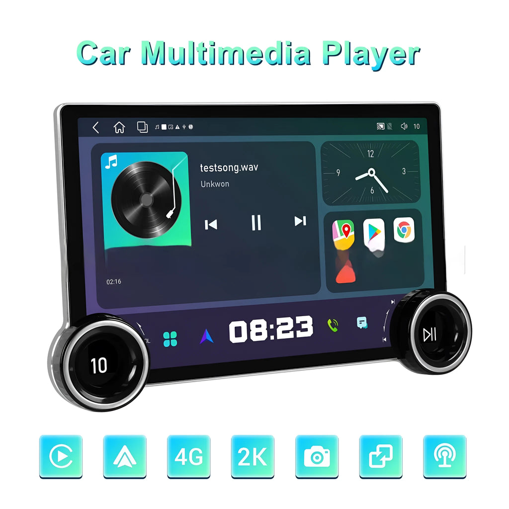 11.8-inch Android car multimedia player with double rotary knobs and wireless CarPlay connectivity