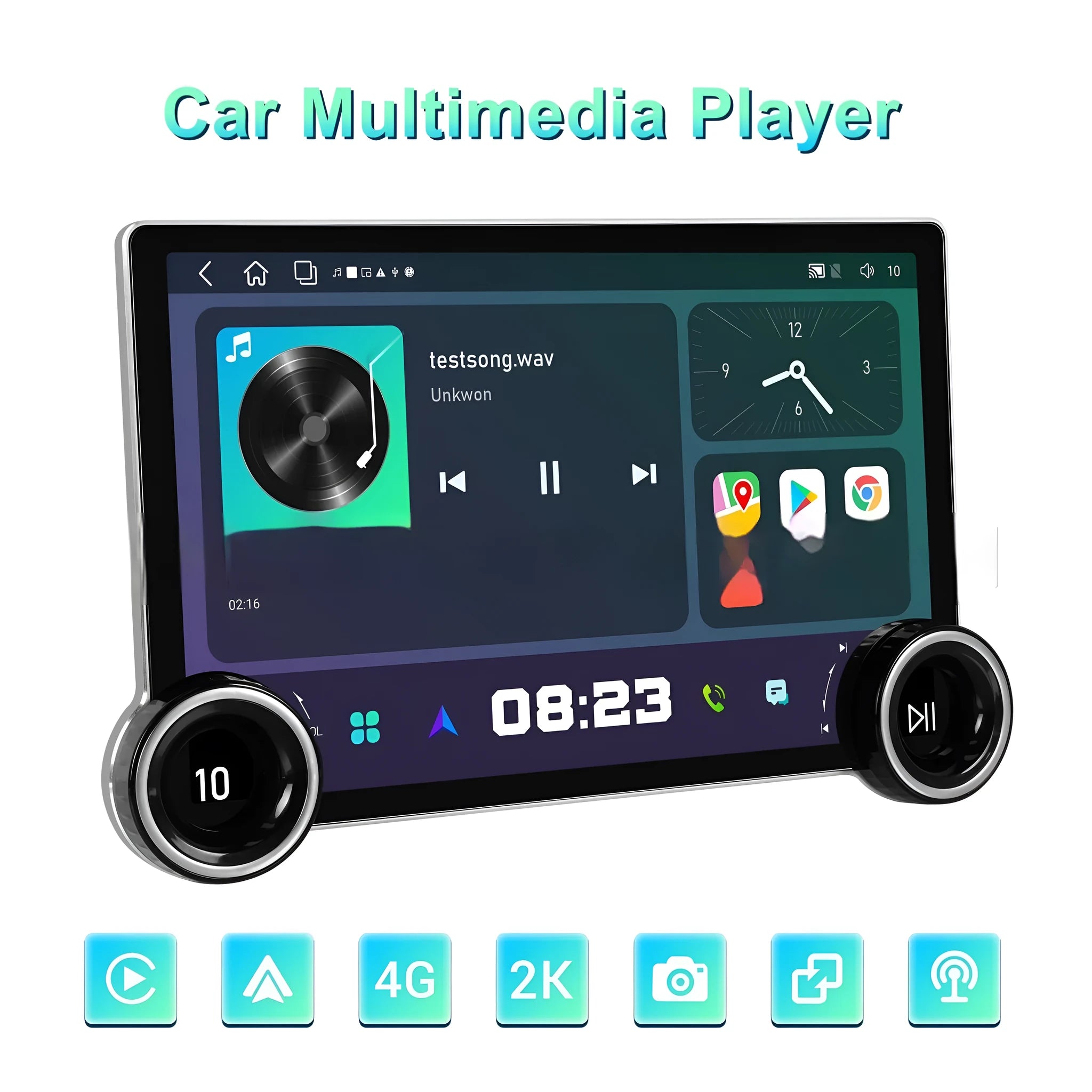 11.8-inch Android car multimedia player with double rotary knobs and wireless CarPlay connectivity