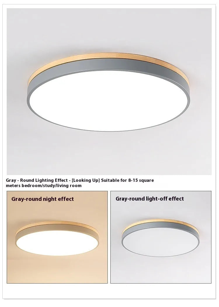Round Nordic style ceiling lamp with solid wood and iron frame, white acrylic diffuser, shown in a living room setting.