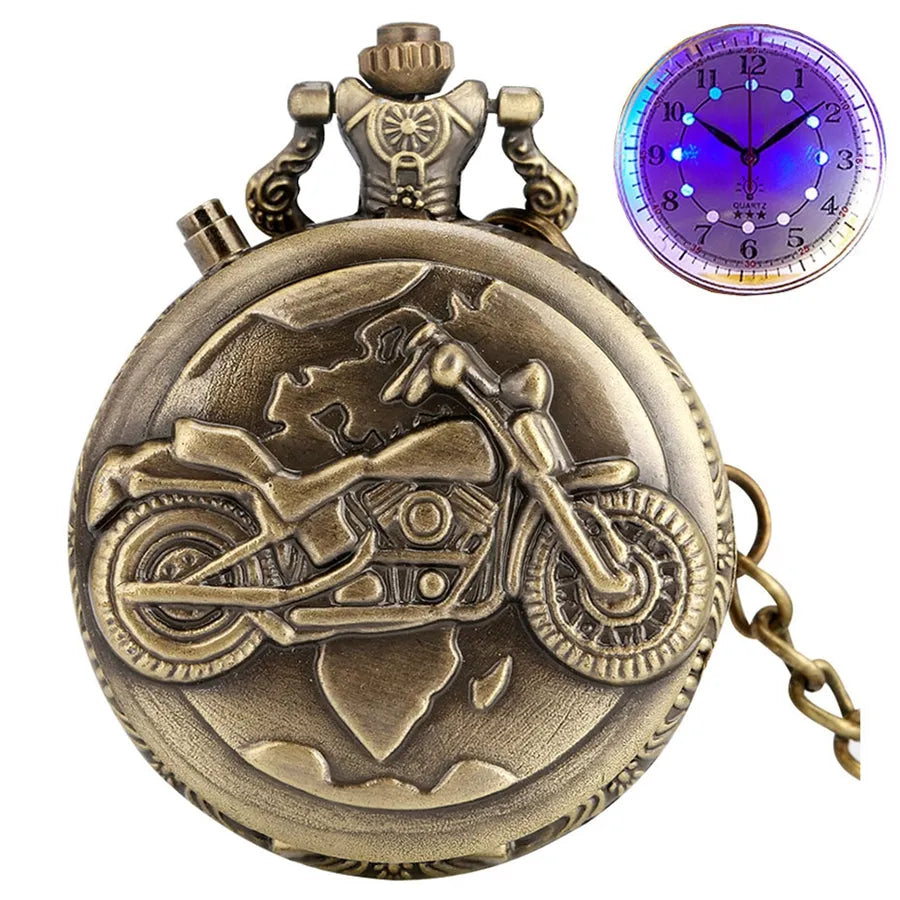 Retro LED motorcycle design pendant clock with 45mm dial, plastic mirror, alloy chain, in silver colour