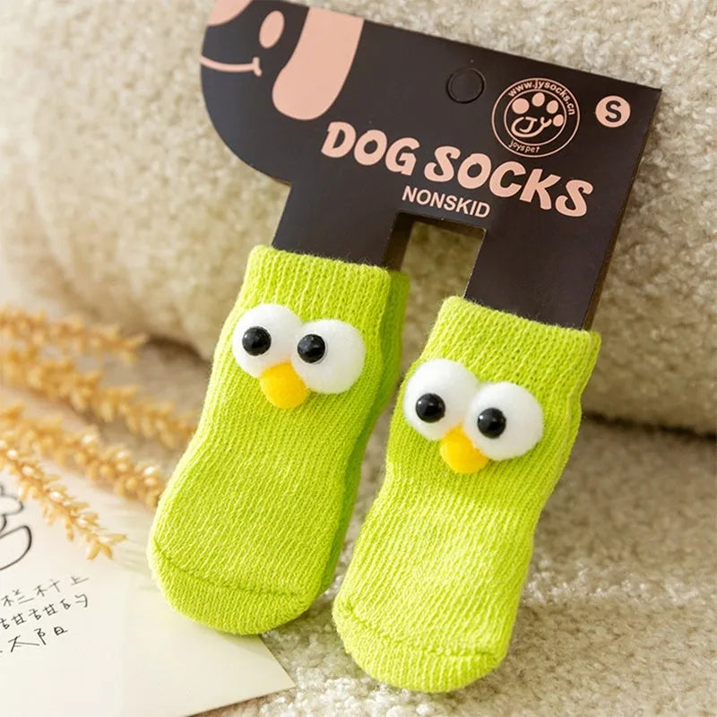 Cartoon big-eyes dog socks with anti-slip particles, cotton blend, green grey purple yellow, sizes S M L