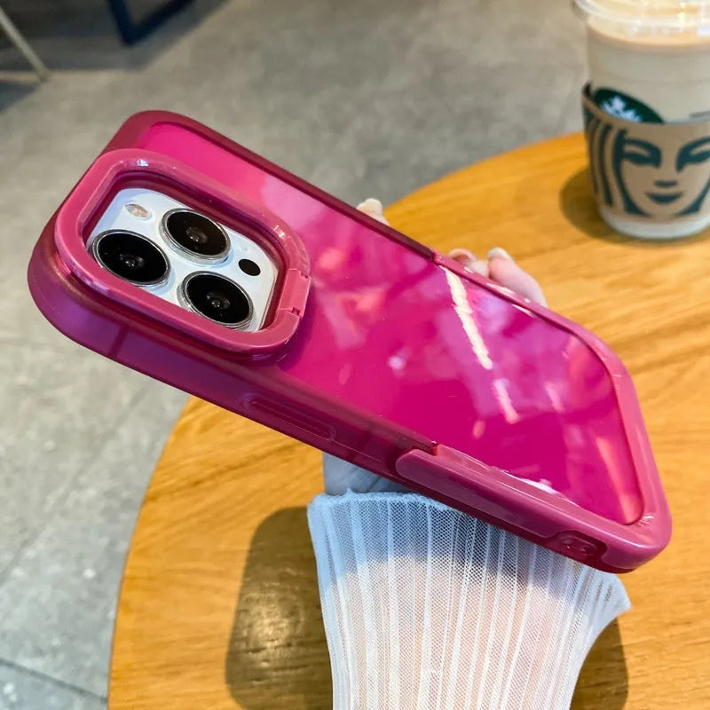 Invisible double-headed bracket iPhone case in black, green, rose red or white, TPU PC shockproof cover