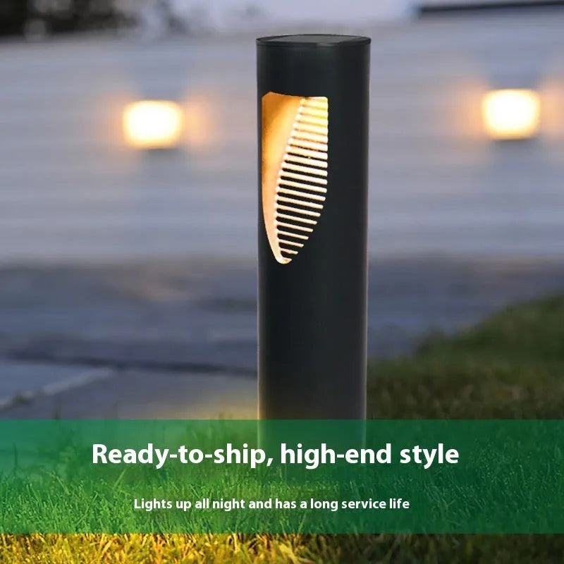 Black geometric abstract solar garden light with stainless steel construction for outdoor use