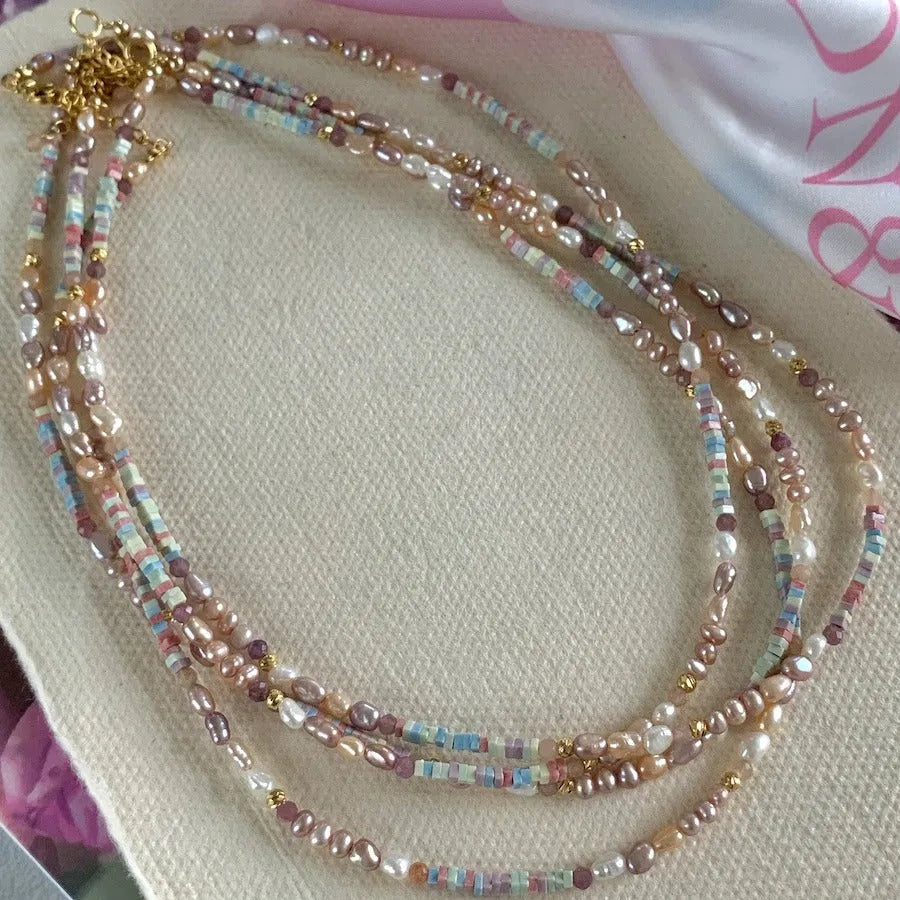 Purple natural pearl bracelet and necklace set with 14K gilded irregular U-shaped beads