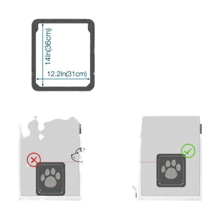 Lockable black pet screen door with ABS frame and nylon mesh for small cats and dogs on a screen window