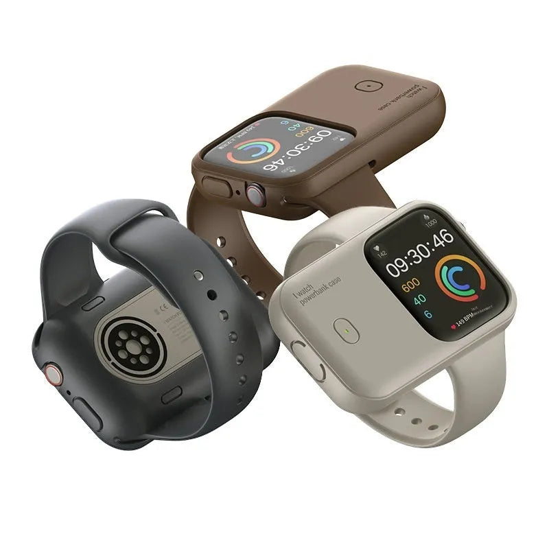 Apple Watch portable wireless charging case power bank in brown, blue, or starlight.