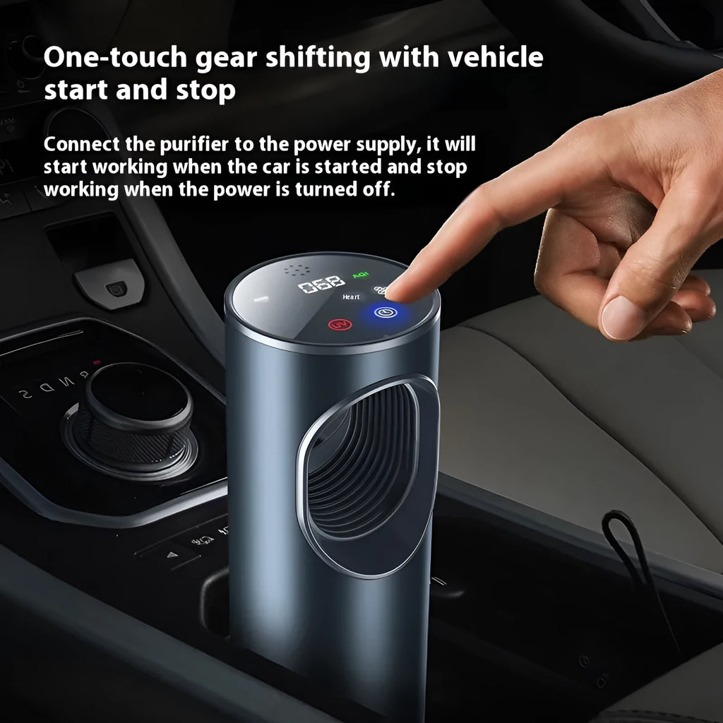 Black cylindrical car air purifier with USB connection for vehicle formaldehyde removal and negative ion generation