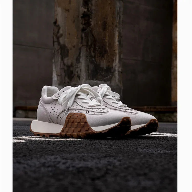 Grey retro thick-soled colour-block jogging sneakers with cloth and microfiber leather upper