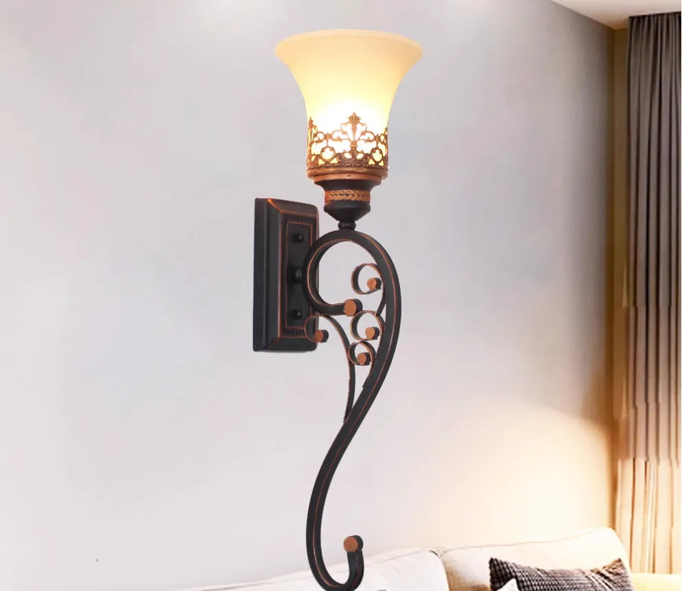 American wrought iron single head wall lamp with glass shade 55cm height black finish