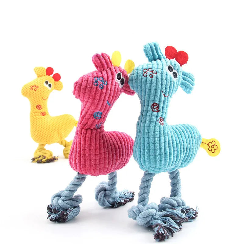 Blue deer-shaped plush dog toy with corn grain texture and squeaker.