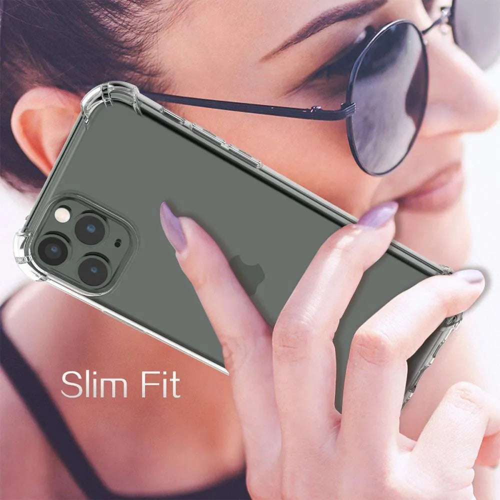 Clear transparent TPU shockproof case for iPhone on a table.