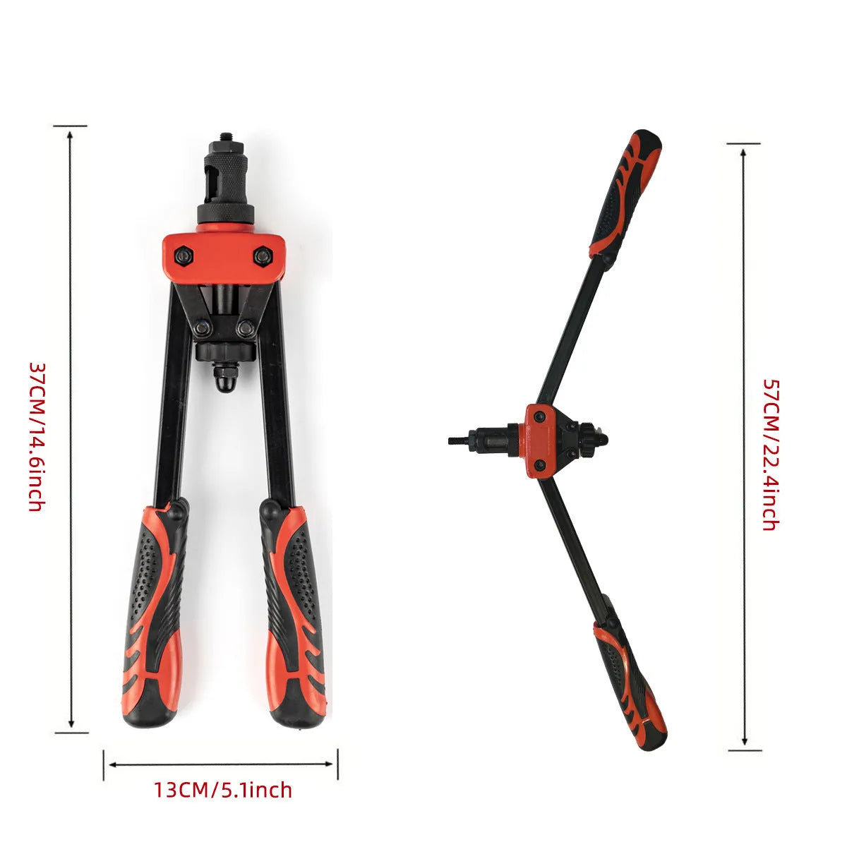 CQ14 model 14-inch alloy pull-setter rivet nut tool with six interchangeable gun tips on a workbench.