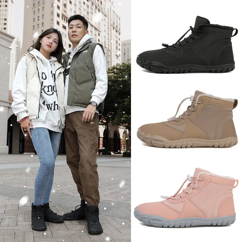 Unisex black waterproof snow boots with lace-up front, fleece lining, and rugged rubber sole on a winter background.