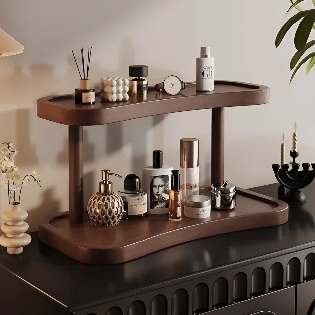 Two-layer bamboo cup storage rack with thickening finish on a tabletop, available in large or small size, portable and creative style.