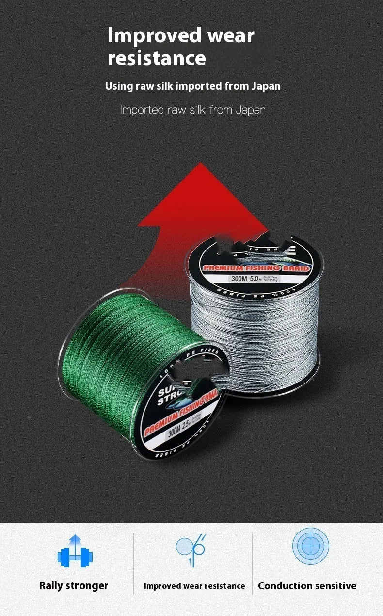Spool of Dali Mayu 300 metre PE braided fishing line showing multiple colour options