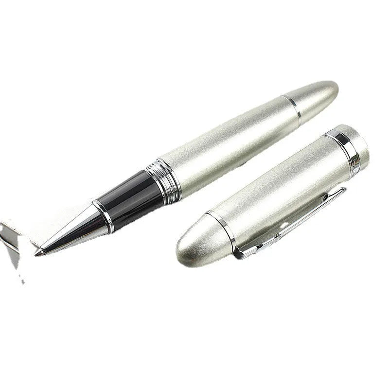 Metal ball pen with pearl beads, black body and silver clip, lying on a desk