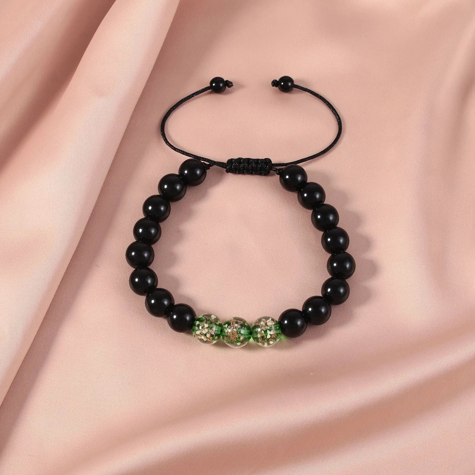 Adjustable luminous glass bead bracelet in geometry shape with coloured glaze finish