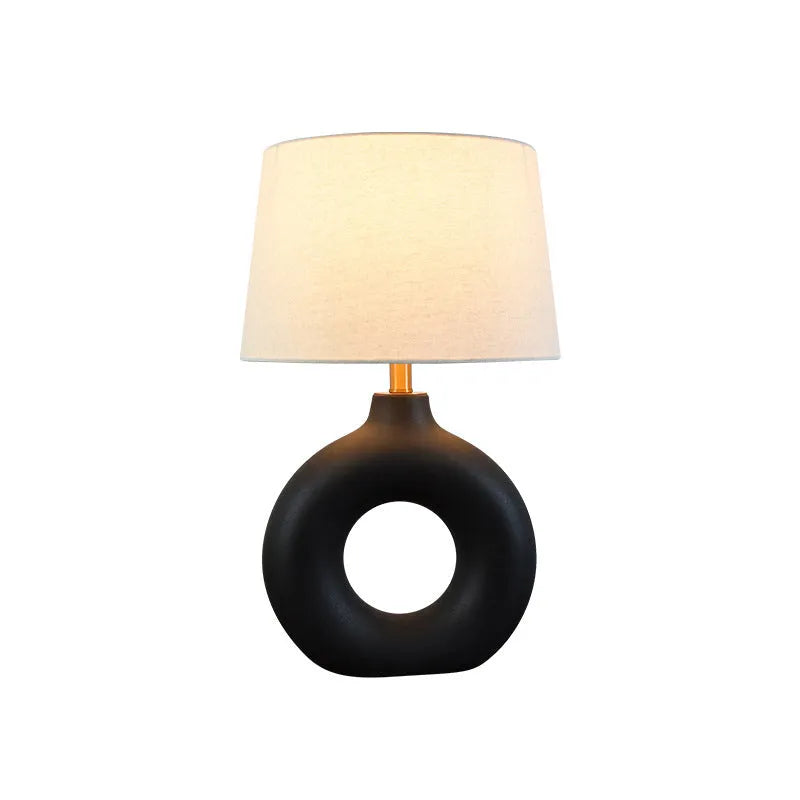 Small white Japanese-style ceramic pottery pot table lamp with a button switch, 52cm tall.
