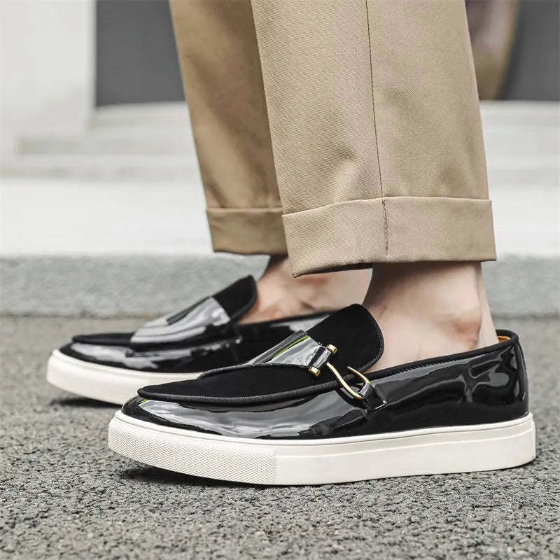 Men's casual shoes in solid black colour with artificial PU upper on plain background