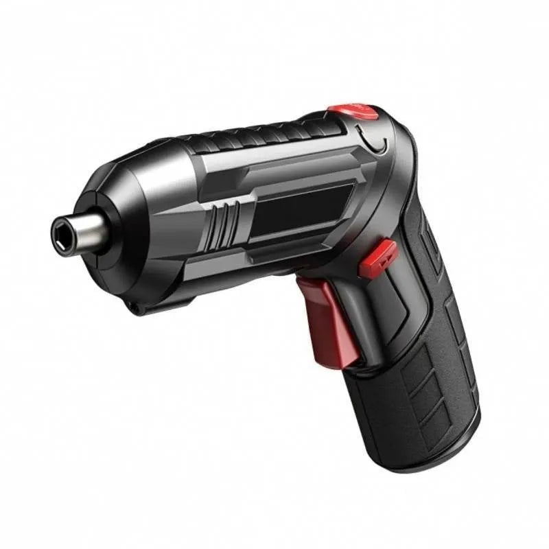 Compact lithium battery electric screwdriver with small gun design and included tool bag.