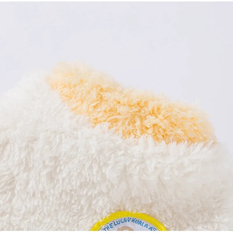 Yellow two-legged fleece pet coat with koala patch for small dogs and cats, sizes XS to XXL.