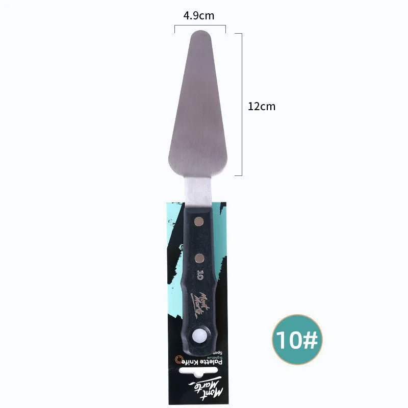 Set of three stainless steel artist palette knives numbered 3, 10, and 12 on a surface.