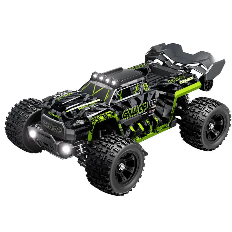 Brushless four-wheel drive remote control car in green with metal drive shaft and 50 km/h speed rating