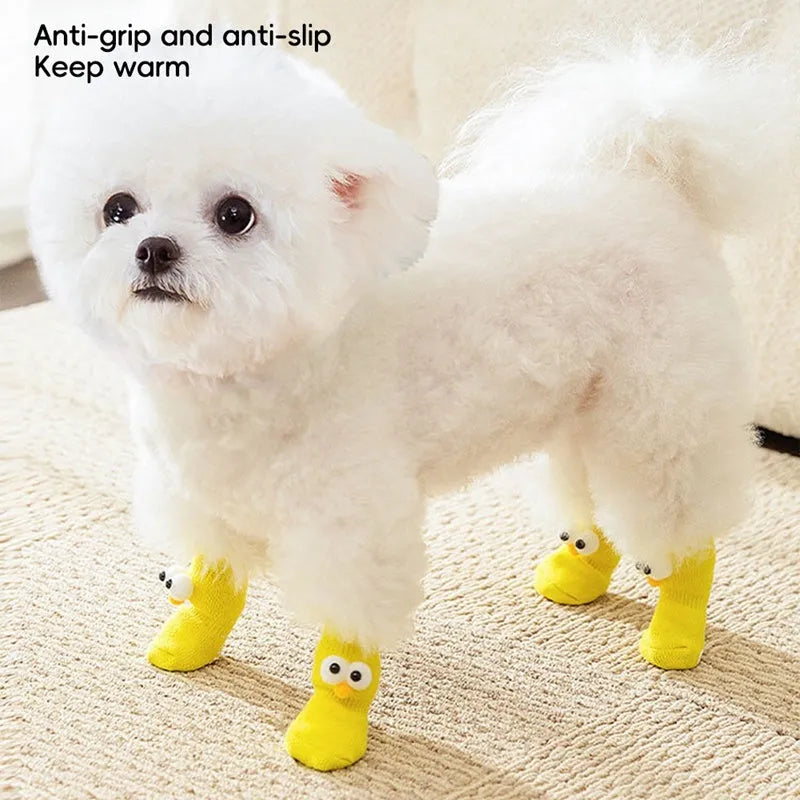 Cartoon big-eyes dog socks with anti-slip particles, cotton blend, green grey purple yellow, sizes S M L