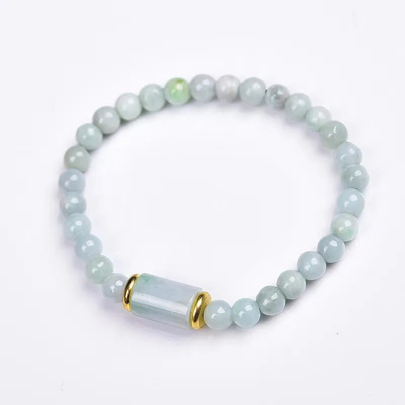 Myanmar jade bracelet with 8mm emerald colour round beads in geometric ethnic style design