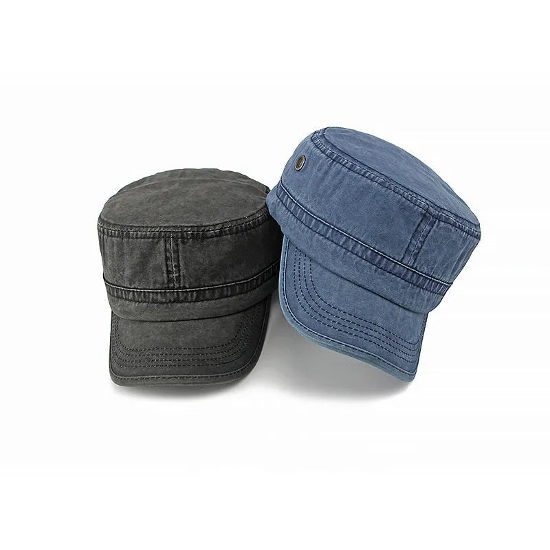 Flat top military cap in cotton fabric with adjustable sizing and sunshade brim