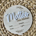 Square plywood newborn name label for birth announcements, 15x15cm, showing three style options.