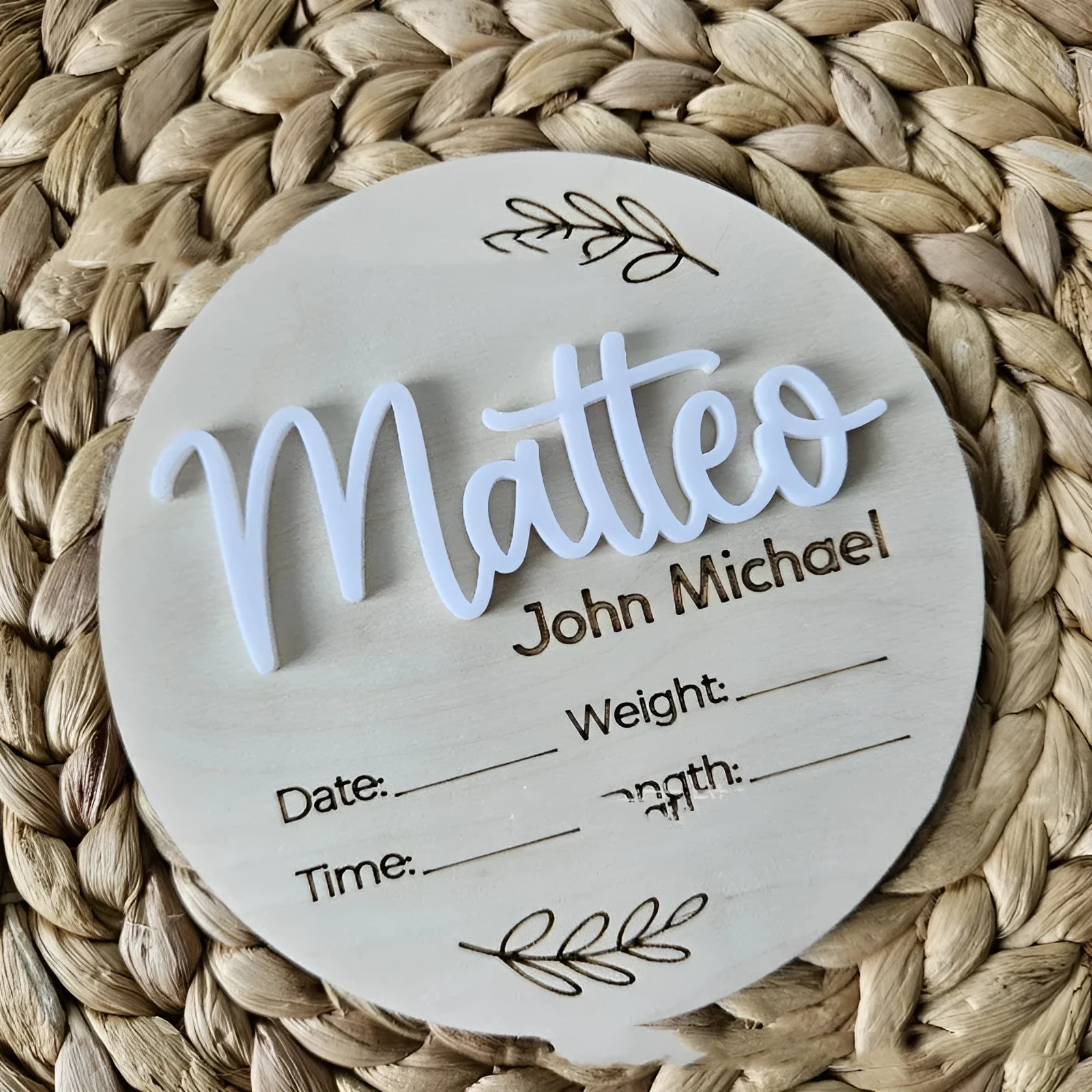 Square plywood newborn name label for birth announcements, 15x15cm, showing three style options.