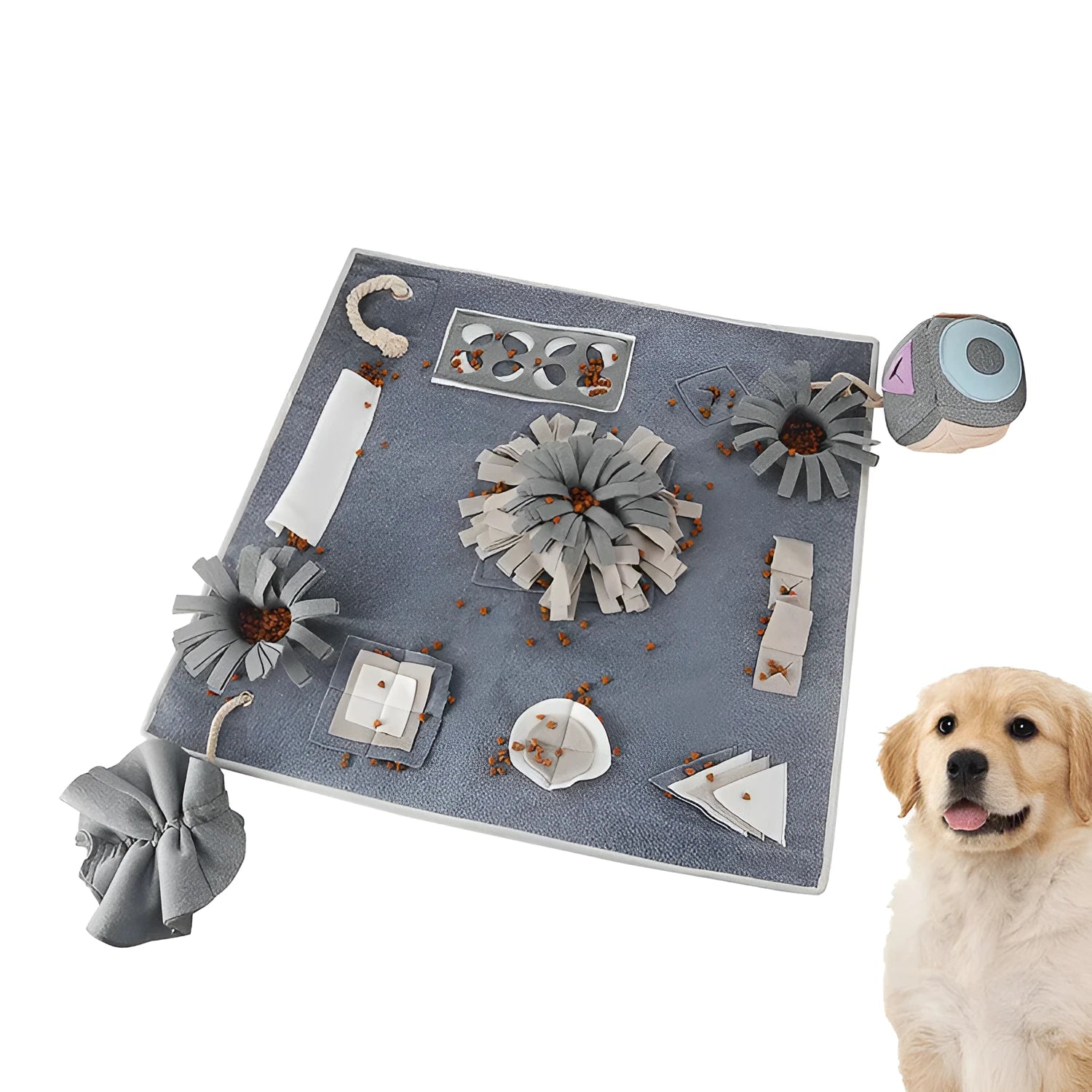 Grey cloth pet sniffing pad with two snuffle toys on a surface, designed for dog foraging and stress relief