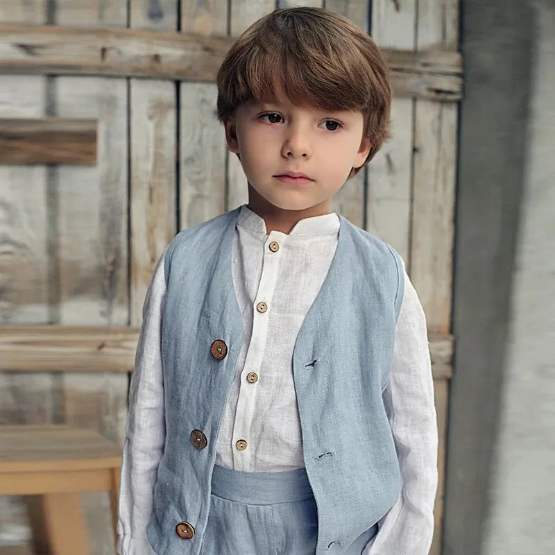 Baby long sleeve top in blue or white, cotton and linen fabric, casual neutral style, sizes 90cm to 130cm