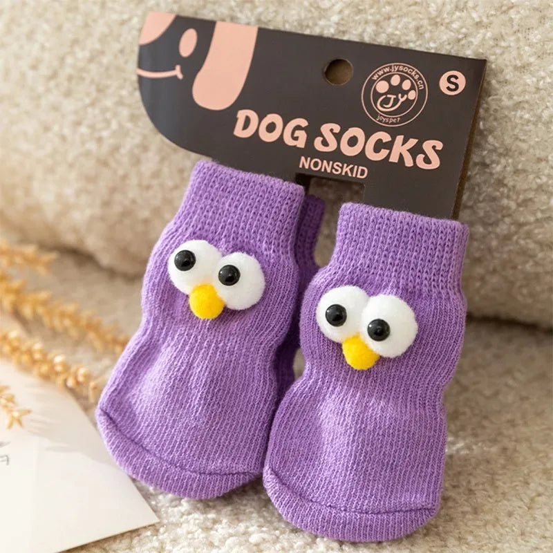 Cartoon big-eyes dog socks with anti-slip particles, cotton blend, green grey purple yellow, sizes S M L