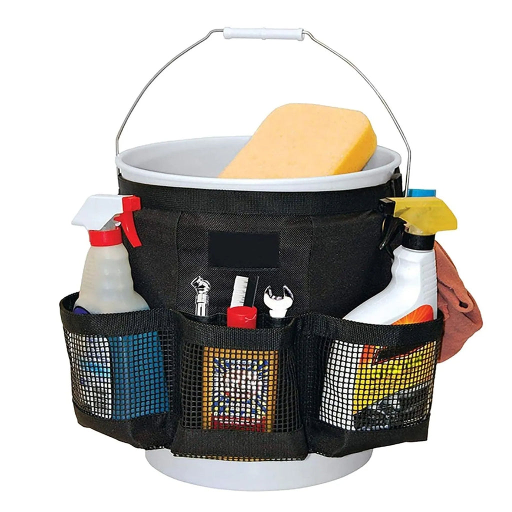 Black cylindrical polyester hanging storage bag attached to a 5-gallon barrel.