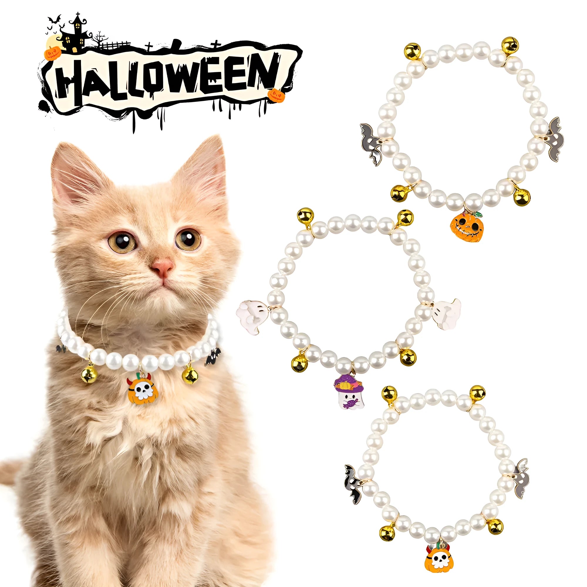 Halloween cat collar with simulated pearl necklace decoration showing three pumpkin design options