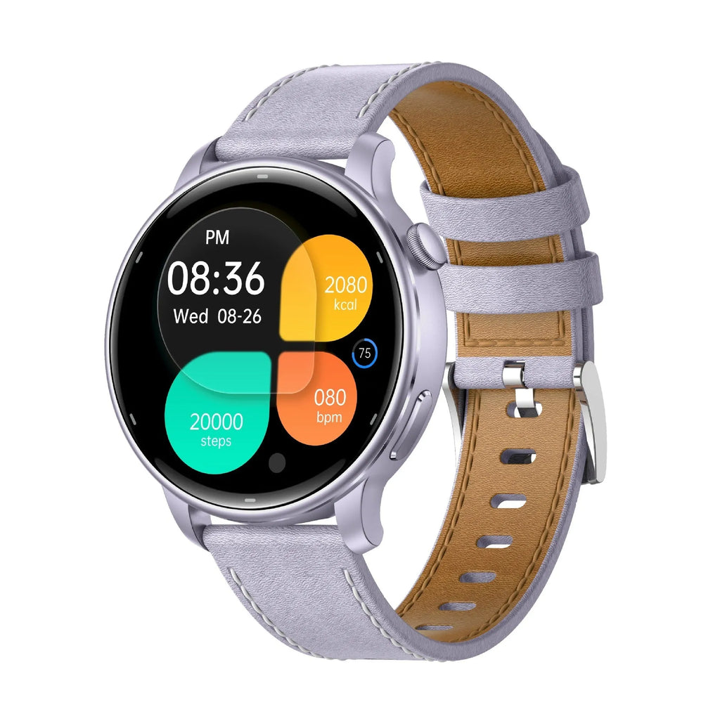 Smart watch with AMOLED screen on black rubber band showing fitness tracking features