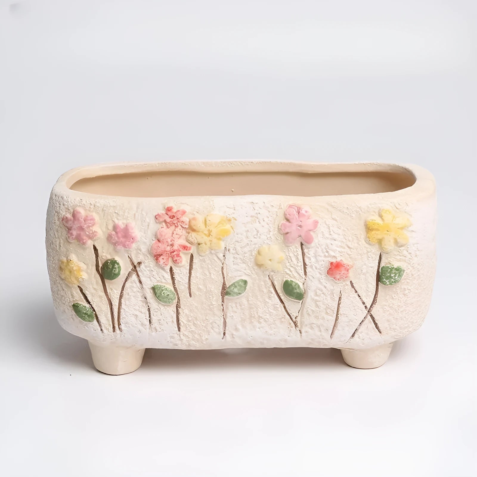 Rectangular hand-painted ceramic succulent flower pot showing floral design