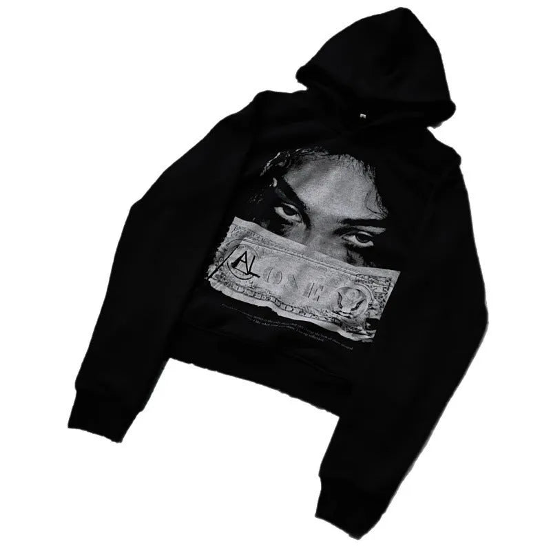 Black women's hoodie with dark cartoon print in loose polyester fabric