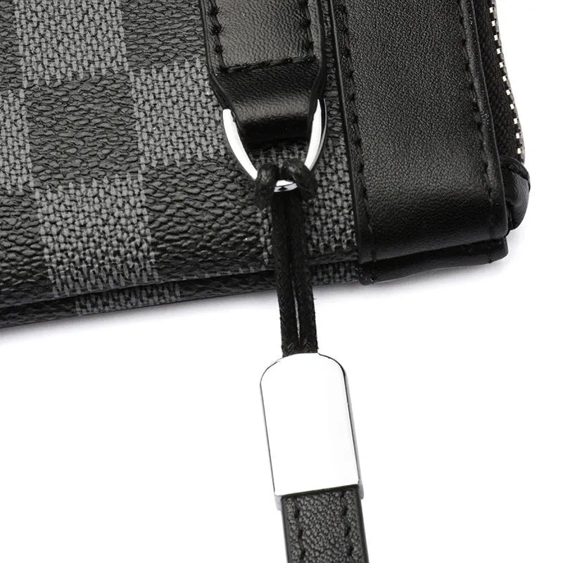 Men's black leather plaid clutch wallet showing 20x10 cm dimensions and cowhide material