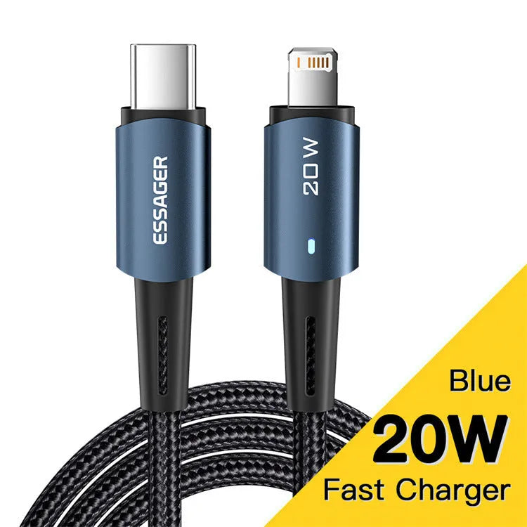 USB-C to Lightning fast charging cable with aluminium alloy connectors in black, showing length options.
