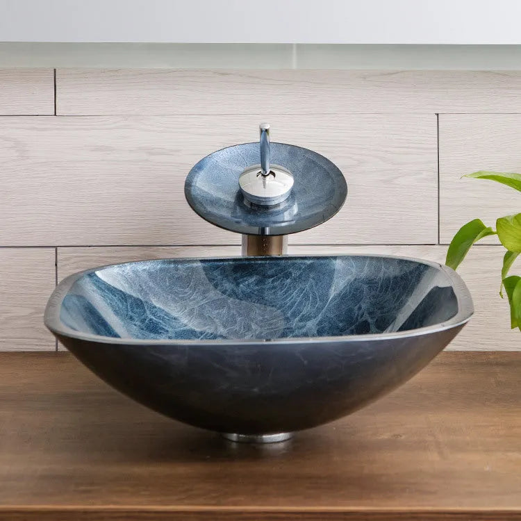Blue grey foil tempered glass table basin for bathroom installation on a vanity unit.