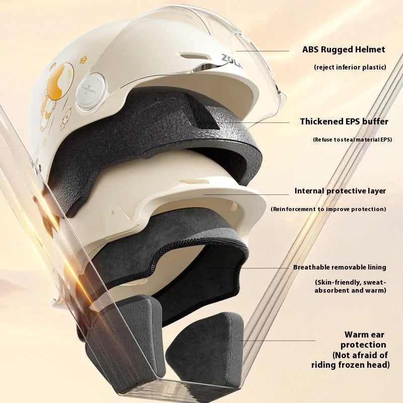 Khaki coloured half helmet for adults on an electric scooter, featuring a long mirrored visor.