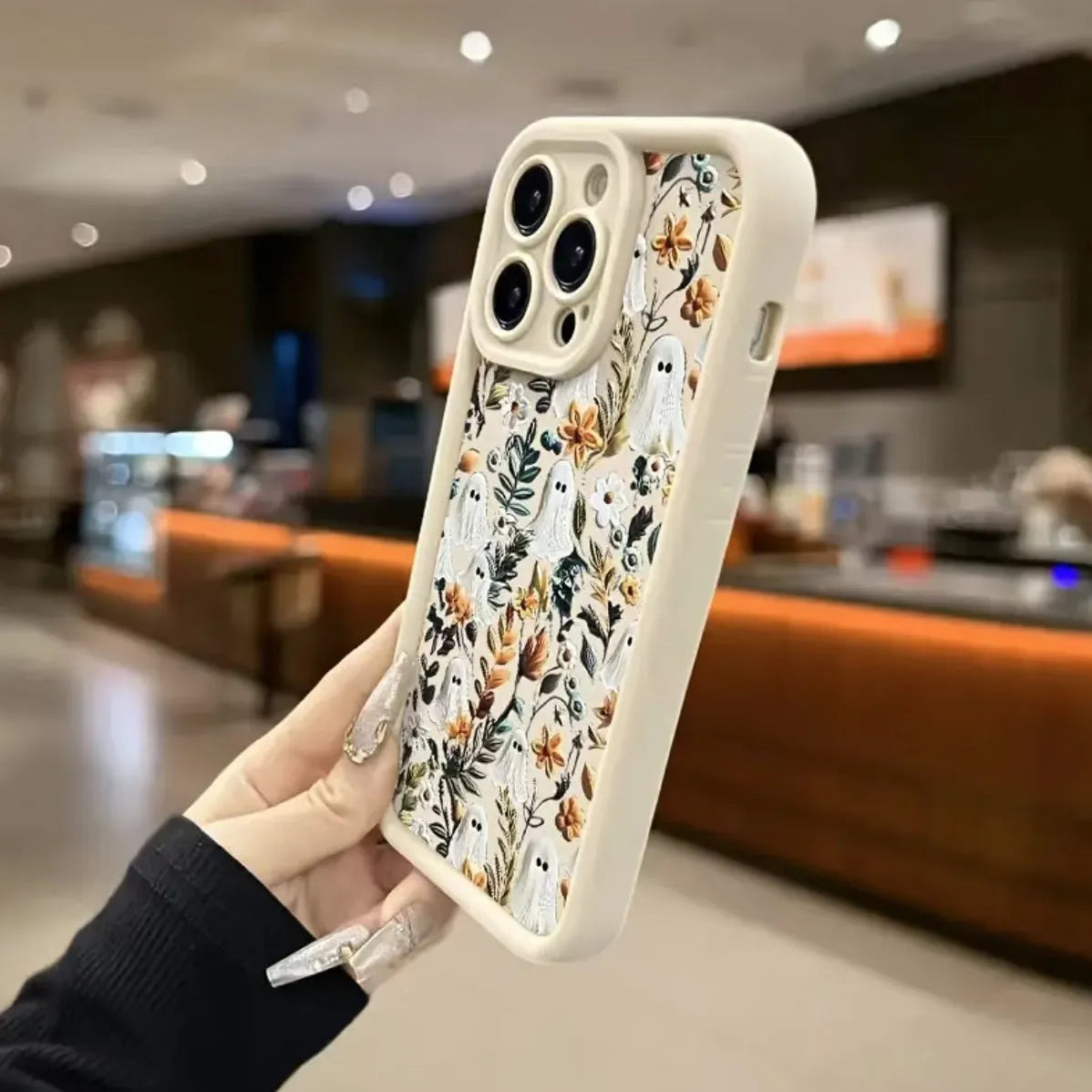 Ghost Flower frosted TPU phone case for Apple iPhone with built-in bracket, available in white, pink, green, and black