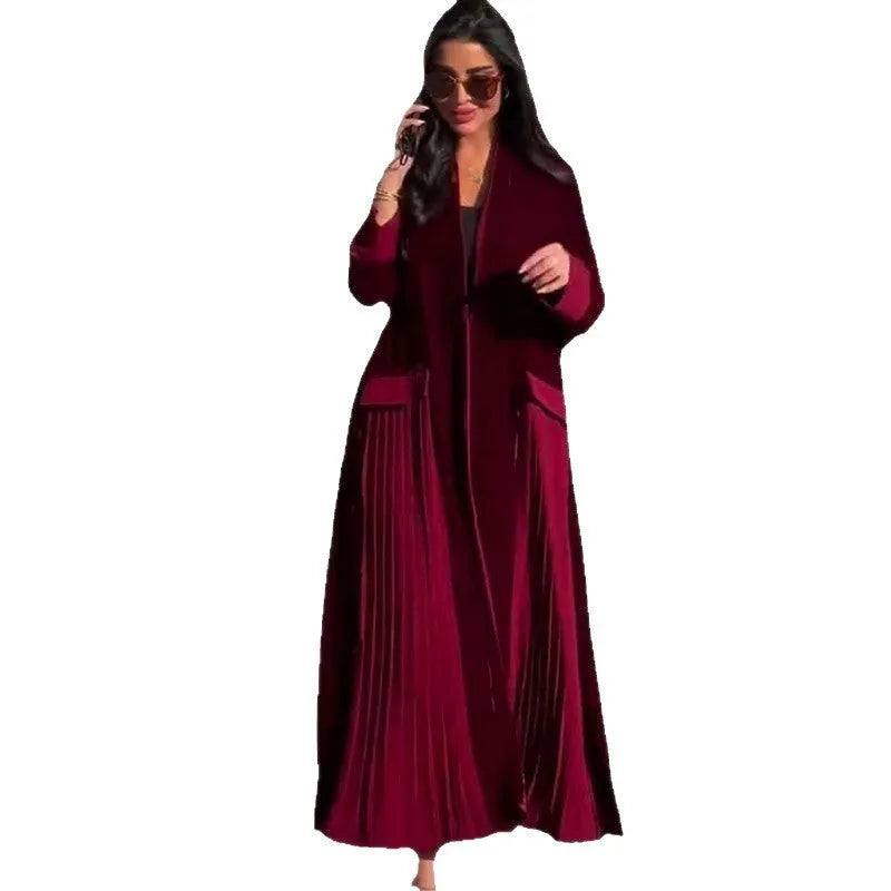 Women's pleated stitching polyester long sleeve coat in wine red, street hipster style