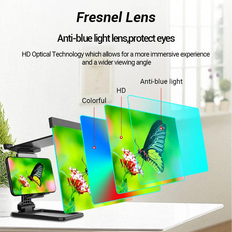 Black folding mobile phone screen amplifier and holder with 12-inch magnifier for iPhones