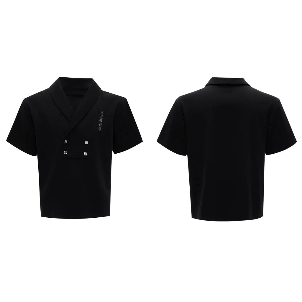 Men's dark grey padded shoulder metal embellished V-neck sports suit with short sleeves and matching shorts.