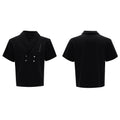 Men's dark grey padded shoulder metal embellished V-neck sports suit with short sleeves and matching shorts.